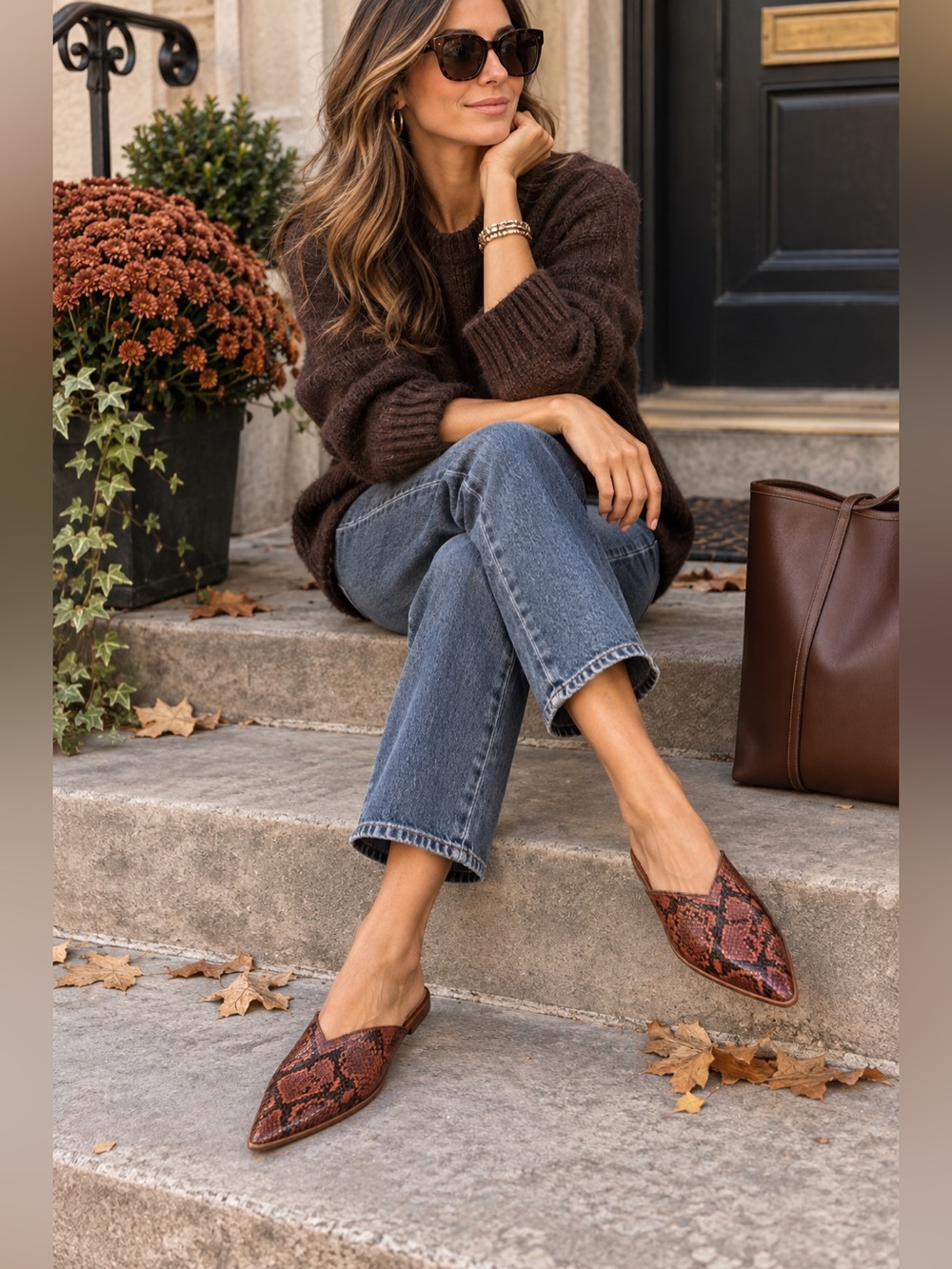 Madewell Leather Snakeskin Print Pointed Toe Mules Slides Brown Size 6